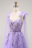 Vestido largo de fiesta de tul con cordones en la espalda con lentejuelas morado A Line con tirantes de lazo