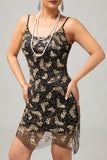 Vestido de lentejuelas de la década de 1920 con tirantes finos dorados negros con conjunto de accesorios