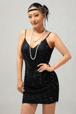 Vestido ajustado de lentejuelas negras brillantes con cuello en V de los años 20