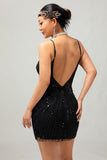 Vestido ajustado de lentejuelas negras brillantes con cuello en V de los años 20