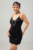 Vestido ajustado de lentejuelas negras brillantes con cuello en V de los años 20