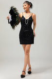Vestido ajustado de lentejuelas negras brillantes con cuello en V de los años 20