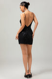 Vestido ajustado de lentejuelas negras brillantes con cuello en V de los años 20