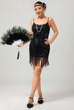 Vestido corto de lentejuelas negras brillantes de Gatsby de los años 20 con flecos