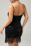Vestido corto de lentejuelas negras brillantes de Gatsby de los años 20 con flecos