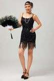 Vestido corto de lentejuelas negras brillantes de Gatsby de los años 20 con flecos