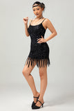 Vestido corto de lentejuelas negras brillantes de Gatsby de los años 20 con flecos