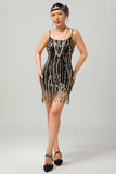 Vestido corto Gatsby de lentejuelas doradas negras de la década de 1920 con flecos