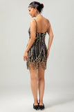 Vestido corto Gatsby de lentejuelas doradas negras de la década de 1920 con flecos