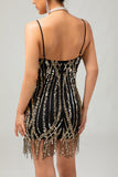 Vestido corto Gatsby de lentejuelas doradas negras de la década de 1920 con flecos