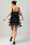 Vestido corto ajustado de lentejuelas negras de Gatsby de los años 20 con flecos