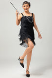 Vestido corto ajustado de lentejuelas negras de Gatsby de los años 20 con flecos