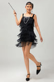 Vestido corto ajustado de lentejuelas negras de Gatsby de los años 20 con flecos