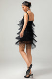 Vestido corto ajustado de lentejuelas negras de Gatsby de los años 20 con flecos