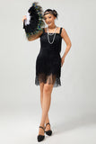 Vestido corto ajustado de lentejuelas negras de Gatsby de los años 20 con flecos