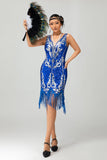 Vestido corto de lentejuelas azul real Gatsby de los años 20 con flecos