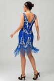 Vestido corto de lentejuelas azul real Gatsby de los años 20 con flecos