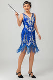 Vestido corto de lentejuelas azul real Gatsby de los años 20 con flecos