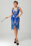 Vestido corto de lentejuelas azul real Gatsby de los años 20 con flecos