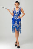 Vestido corto de lentejuelas azul real Gatsby de los años 20 con flecos