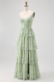 Vestido largo de dama de honor con corsé Dusty Sage A Line de gasa escalonada con abertura