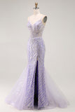 Vestido largo de fiesta de sirena con lentejuelas moradas y abertura