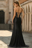 Vestido largo de baile de graduación negro transparente corsé transparente con cuentas y abertura