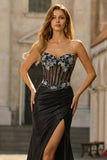 Vestido largo de baile de graduación negro transparente corsé transparente con cuentas y abertura