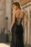 Vestido largo de baile de graduación negro transparente corsé transparente con cuentas y abertura