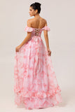 Vestido de dama de honor con corsé de hombros descubiertos de flores de champán con abertura