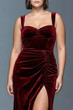 Vestido formal largo de talla grande de terciopelo burdeos con franzca larga y talla grande