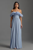 Vestido formal de gasa con hombros descubiertos fruncido en azul cielo con volantes