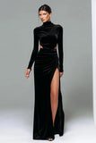 Vestido de fiesta de terciopelo negro de cuello alto con mangas largas y abertura