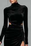 Vestido de fiesta de terciopelo negro de cuello alto con mangas largas y abertura