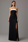 Vestido Formal Largo Blanco y Negro sin Tirantes con Abertura