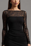 Vestido formal de manga larga con cuello ilusión y abertura negra