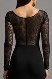 Vestido formal de manga larga con cuello ilusión y abertura negra