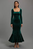 Vestido de fiesta de terciopelo verde oscuro sirena de manga larga