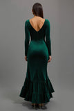 Vestido de fiesta de terciopelo verde oscuro sirena de manga larga