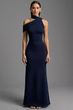Vestido Formal Largo de Satén Marino con Cuello Asimétrico