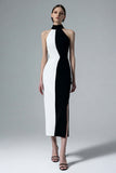 Vestido formal midi tubo blanco y negro de cuello alto con abertura