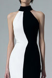 Vestido formal midi tubo blanco y negro de cuello alto con abertura