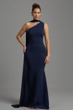 Vestido largo formal con cuello de satén azul marino sirena