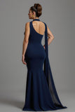 Vestido largo formal con cuello de satén azul marino sirena
