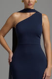 Vestido largo formal con cuello de satén azul marino sirena