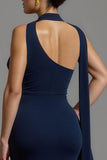 Vestido largo formal con cuello de satén azul marino sirena