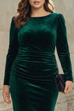 Vestido de trabajo midi fruncido de terciopelo verde oscuro de talla grande con manga larga