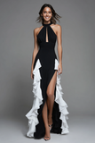 Vestido formal halter negro blanco con volantes recortados