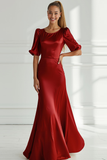 Vestido Formal Largo de Satén de Sirena Champagne con Mangas Cortas