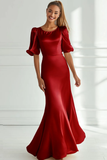 Vestido Formal Largo de Satén de Sirena Champagne con Mangas Cortas